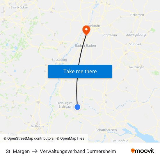St. Märgen to Verwaltungsverband Durmersheim map