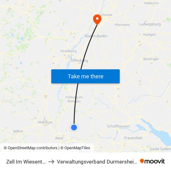 Zell Im Wiesental to Verwaltungsverband Durmersheim map