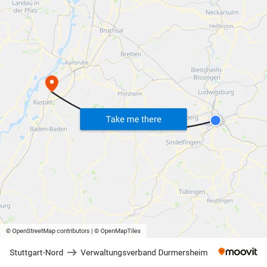 Stuttgart-Nord to Verwaltungsverband Durmersheim map