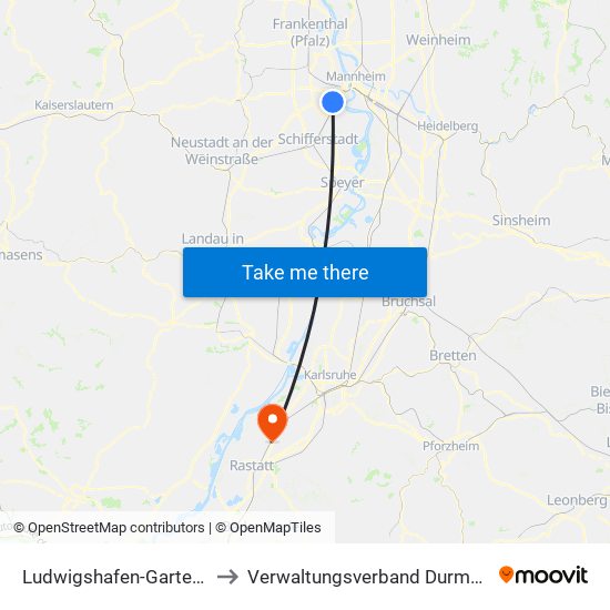 Ludwigshafen-Gartenstadt to Verwaltungsverband Durmersheim map