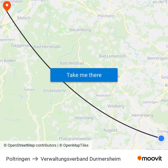 Poltringen to Verwaltungsverband Durmersheim map