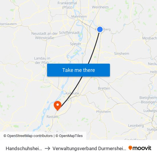 Handschuhsheim to Verwaltungsverband Durmersheim map