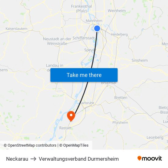 Neckarau to Verwaltungsverband Durmersheim map