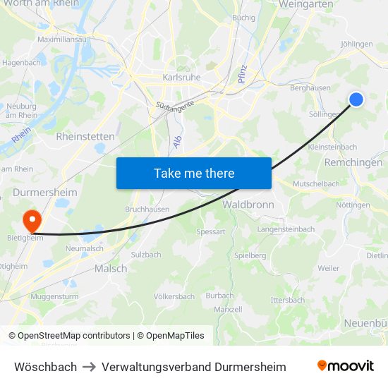 Wöschbach to Verwaltungsverband Durmersheim map