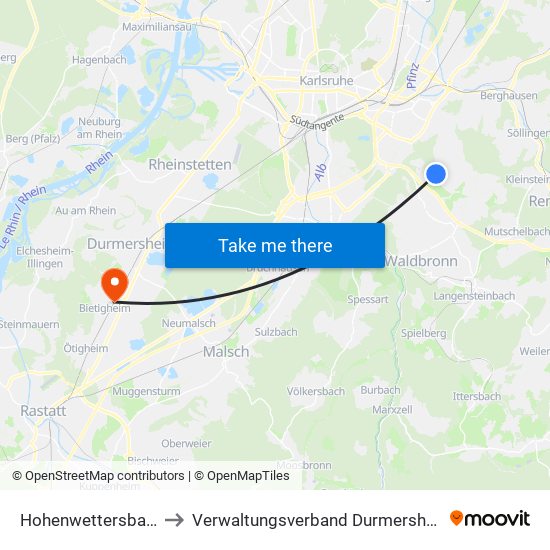 Hohenwettersbach to Verwaltungsverband Durmersheim map