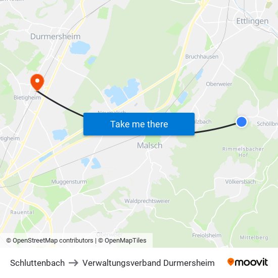 Schluttenbach to Verwaltungsverband Durmersheim map