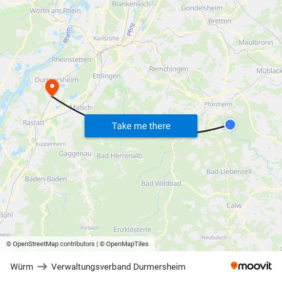 Würm to Verwaltungsverband Durmersheim map