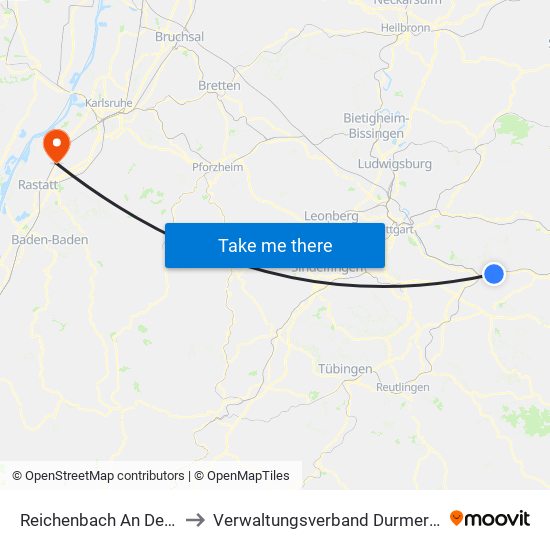 Reichenbach An Der Fils to Verwaltungsverband Durmersheim map