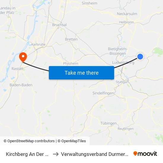 Kirchberg An Der Murr to Verwaltungsverband Durmersheim map