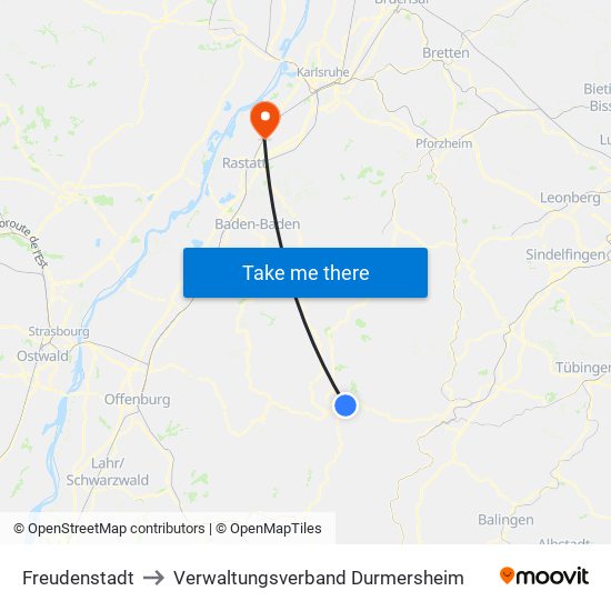 Freudenstadt to Verwaltungsverband Durmersheim map