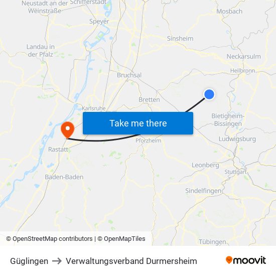 Güglingen to Verwaltungsverband Durmersheim map