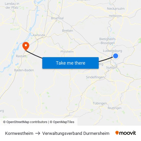 Kornwestheim to Verwaltungsverband Durmersheim map