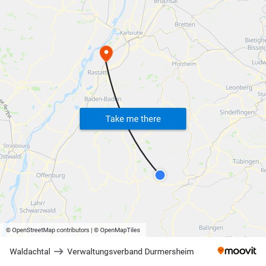 Waldachtal to Verwaltungsverband Durmersheim map