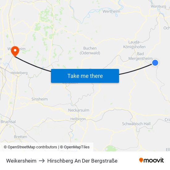 Weikersheim to Hirschberg An Der Bergstraße map