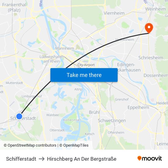 Schifferstadt to Hirschberg An Der Bergstraße map