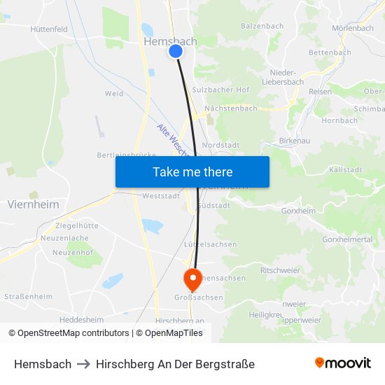Hemsbach to Hirschberg An Der Bergstraße map