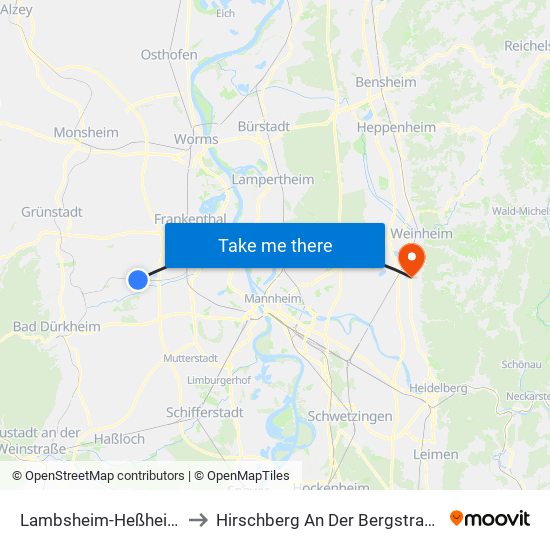 Lambsheim-Heßheim to Hirschberg An Der Bergstraße map