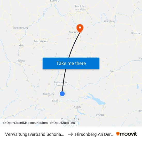 Verwaltungsverband Schönau Im Schwarzwald to Hirschberg An Der Bergstraße map