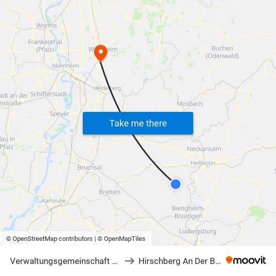 Verwaltungsgemeinschaft Brackenheim to Hirschberg An Der Bergstraße map