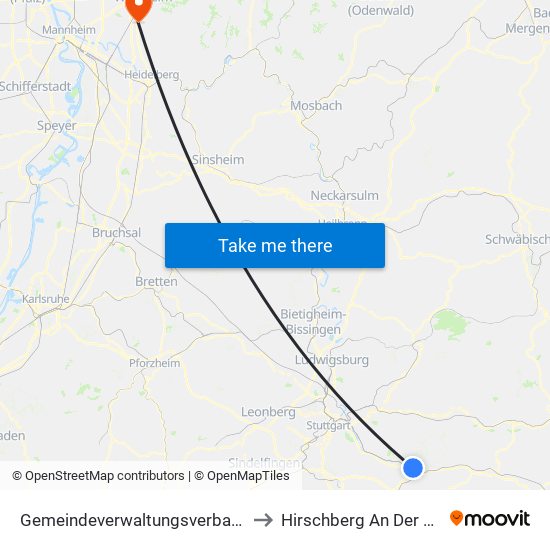 Gemeindeverwaltungsverband Plochingen to Hirschberg An Der Bergstraße map