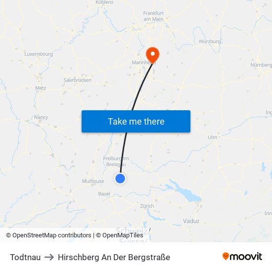 Todtnau to Hirschberg An Der Bergstraße map