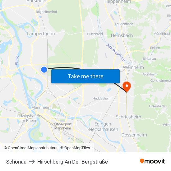 Schönau to Hirschberg An Der Bergstraße map