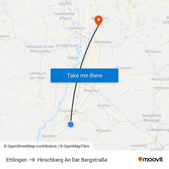 Ettlingen to Hirschberg An Der Bergstraße map