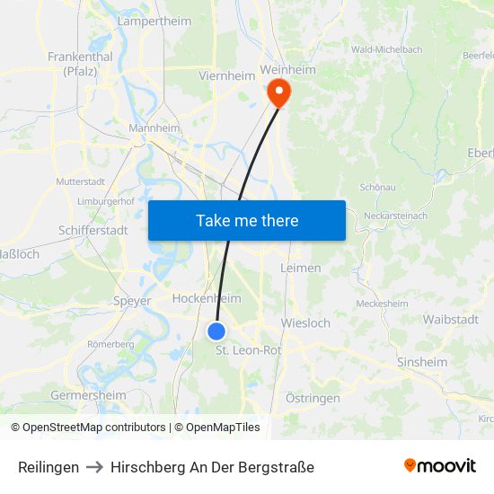 Reilingen to Hirschberg An Der Bergstraße map