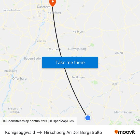 Königseggwald to Hirschberg An Der Bergstraße map