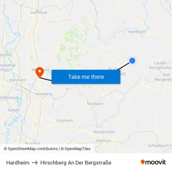 Hardheim to Hirschberg An Der Bergstraße map