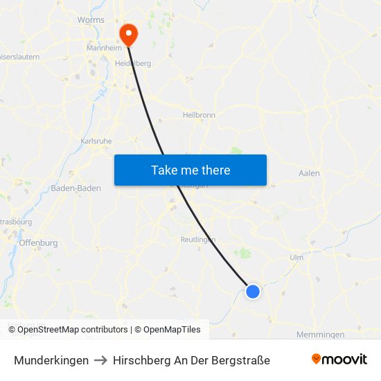 Munderkingen to Hirschberg An Der Bergstraße map