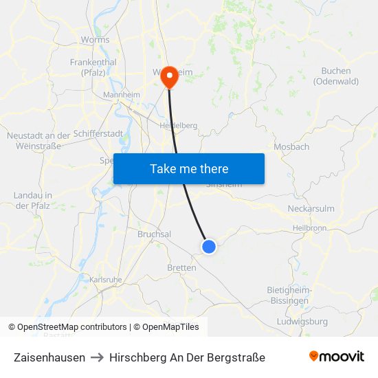 Zaisenhausen to Hirschberg An Der Bergstraße map