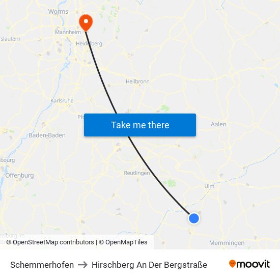 Schemmerhofen to Hirschberg An Der Bergstraße map