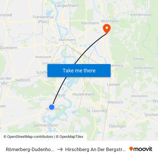 Römerberg-Dudenhofen to Hirschberg An Der Bergstraße map