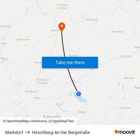 Markdorf to Hirschberg An Der Bergstraße map