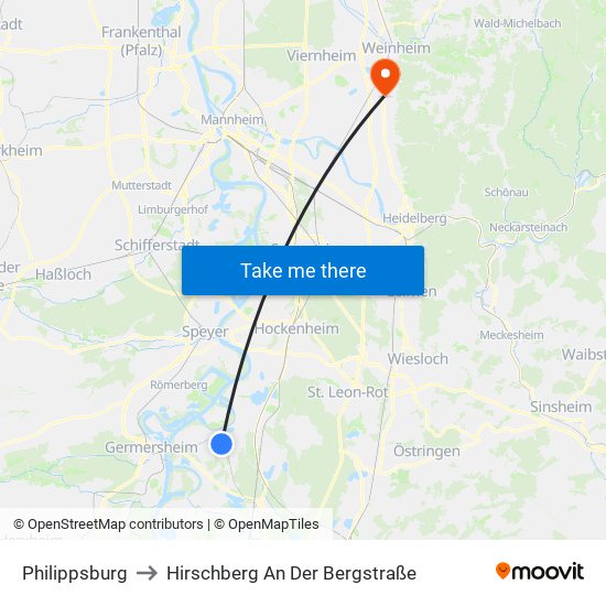 Philippsburg to Hirschberg An Der Bergstraße map