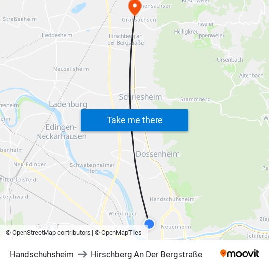 Handschuhsheim to Hirschberg An Der Bergstraße map