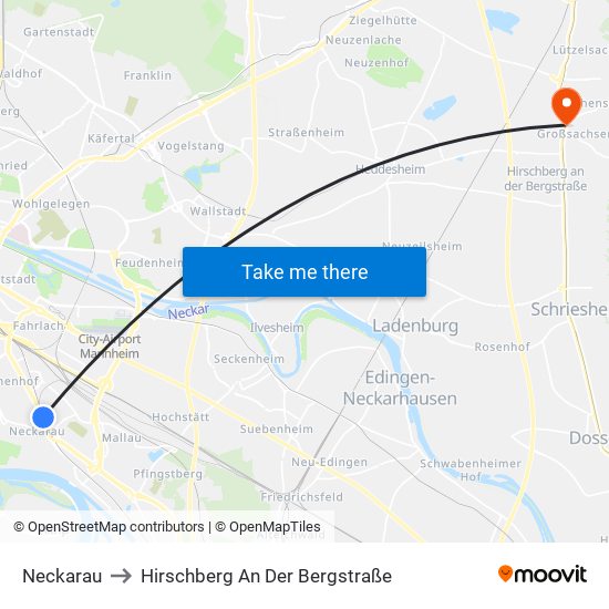 Neckarau to Hirschberg An Der Bergstraße map