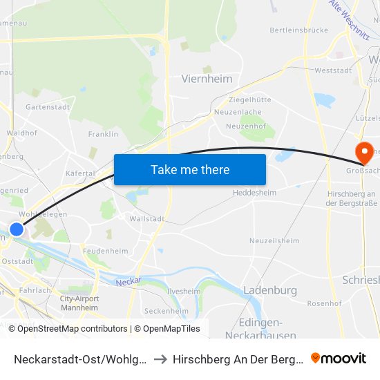 Neckarstadt-Ost/Wohlgelegen to Hirschberg An Der Bergstraße map