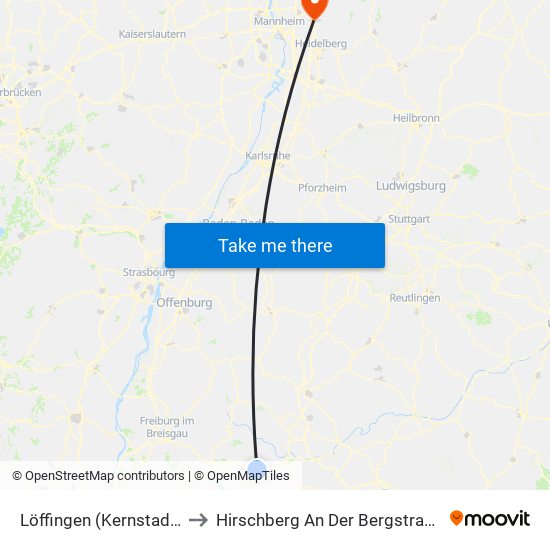 Löffingen (Kernstadt) to Hirschberg An Der Bergstraße map