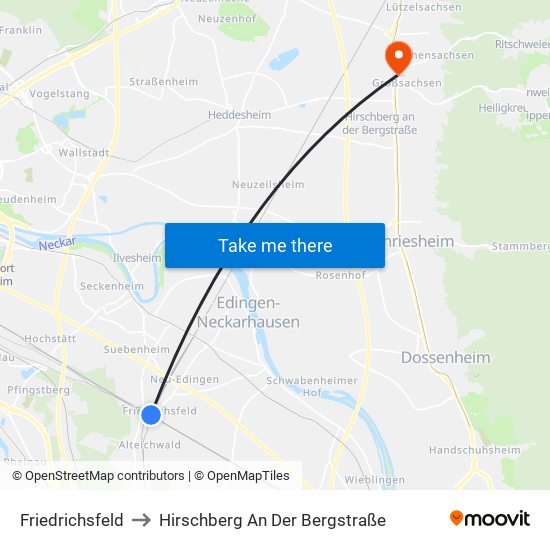 Friedrichsfeld to Hirschberg An Der Bergstraße map