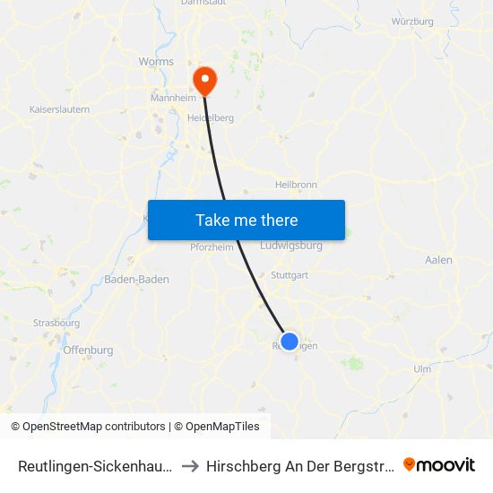 Reutlingen-Sickenhausen to Hirschberg An Der Bergstraße map