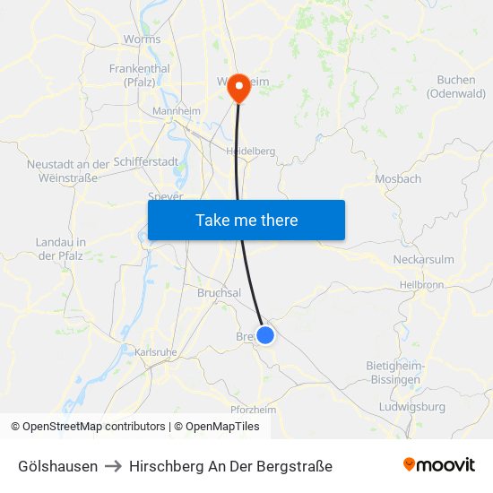 Gölshausen to Hirschberg An Der Bergstraße map