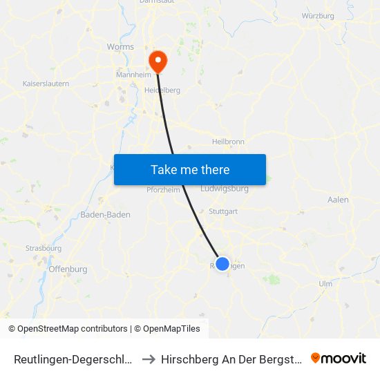 Reutlingen-Degerschlacht to Hirschberg An Der Bergstraße map