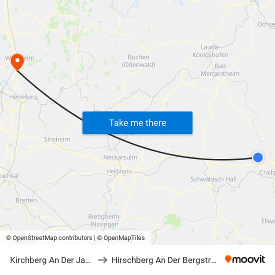 Kirchberg An Der Jagst to Hirschberg An Der Bergstraße map