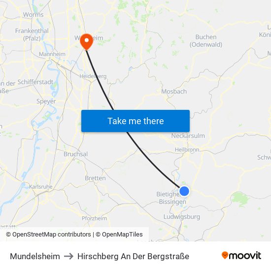 Mundelsheim to Hirschberg An Der Bergstraße map