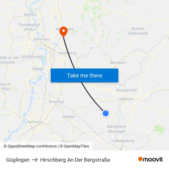 Güglingen to Hirschberg An Der Bergstraße map