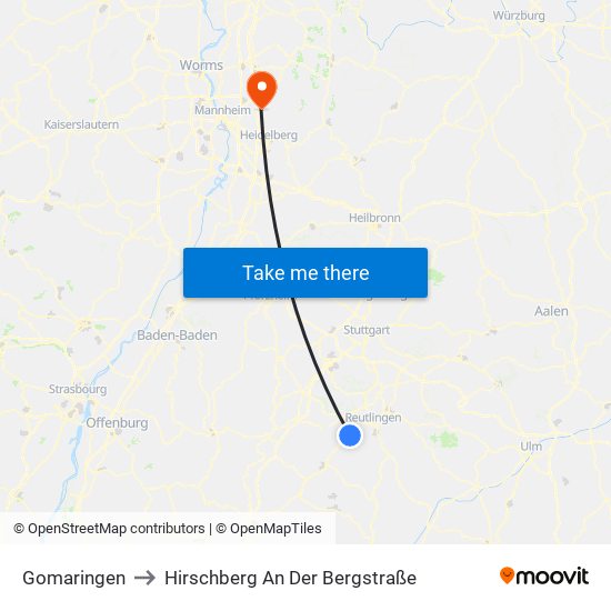 Gomaringen to Hirschberg An Der Bergstraße map