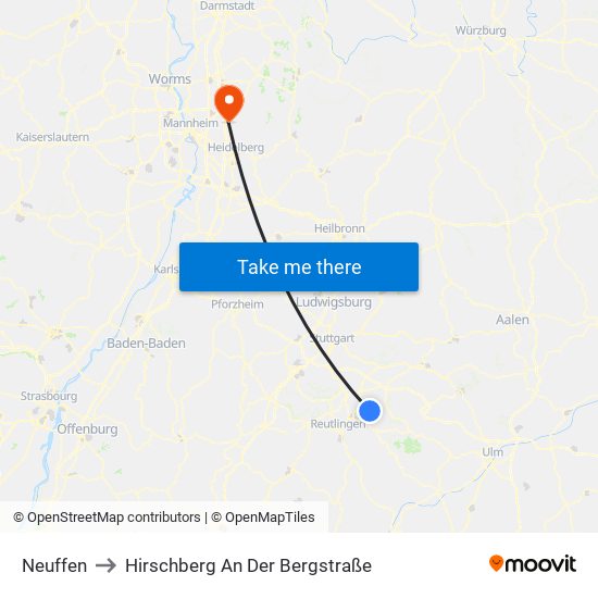 Neuffen to Hirschberg An Der Bergstraße map