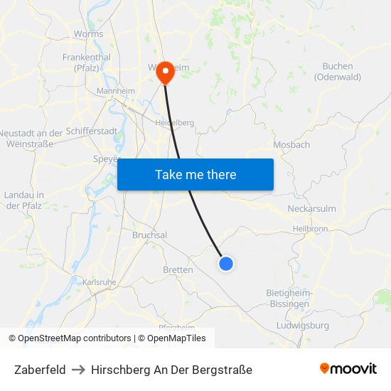 Zaberfeld to Hirschberg An Der Bergstraße map